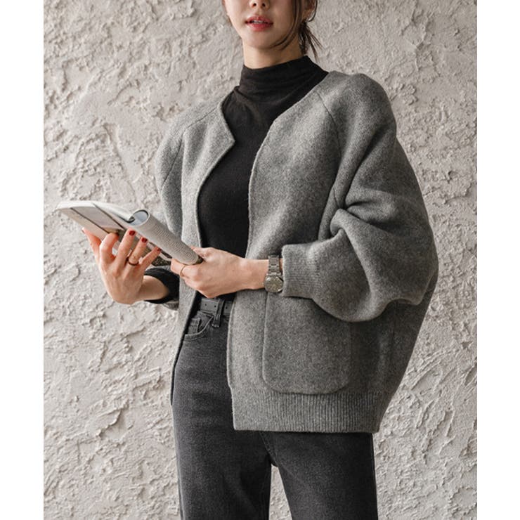 グレー | ノーカラー ウールタッチ ニットアウター | VIVID LADY