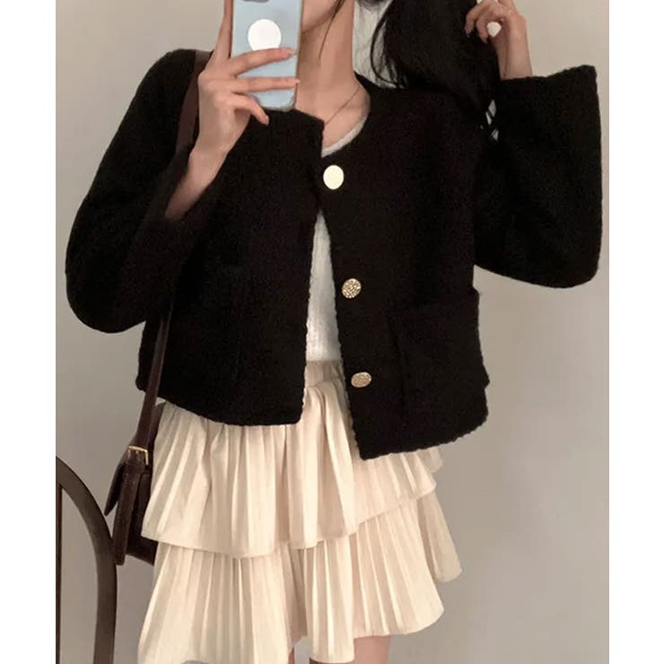 ブラック | ゴールドボタン クロップドボアジャケット | VIVID LADY
