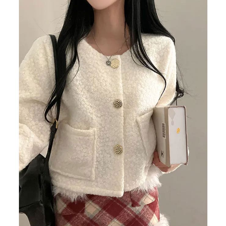 アイボリー | ゴールドボタン クロップドボアジャケット | VIVID LADY