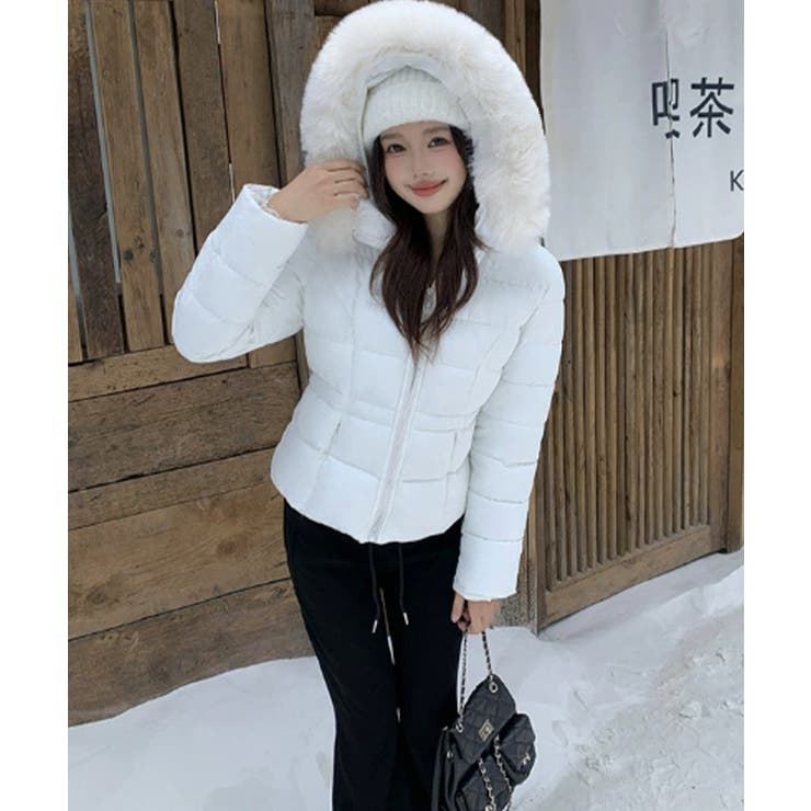 ホワイト | 取り外し可能ファー付 フーデッドダウンジャケット | VIVID LADY