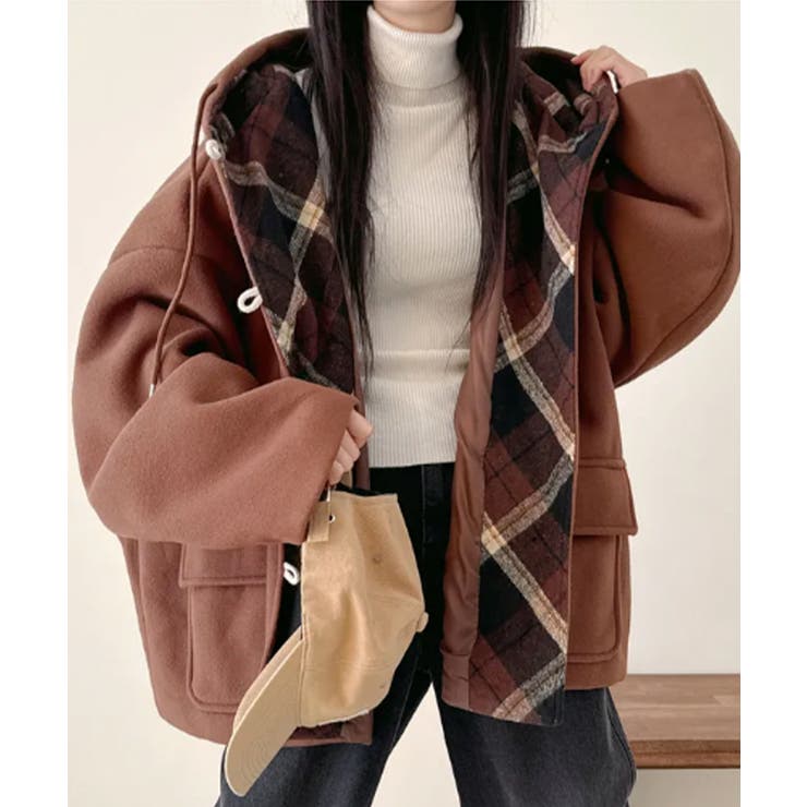 ブラウン | チェック柄切替オーバーサイズダッフルコート | VIVID LADY
