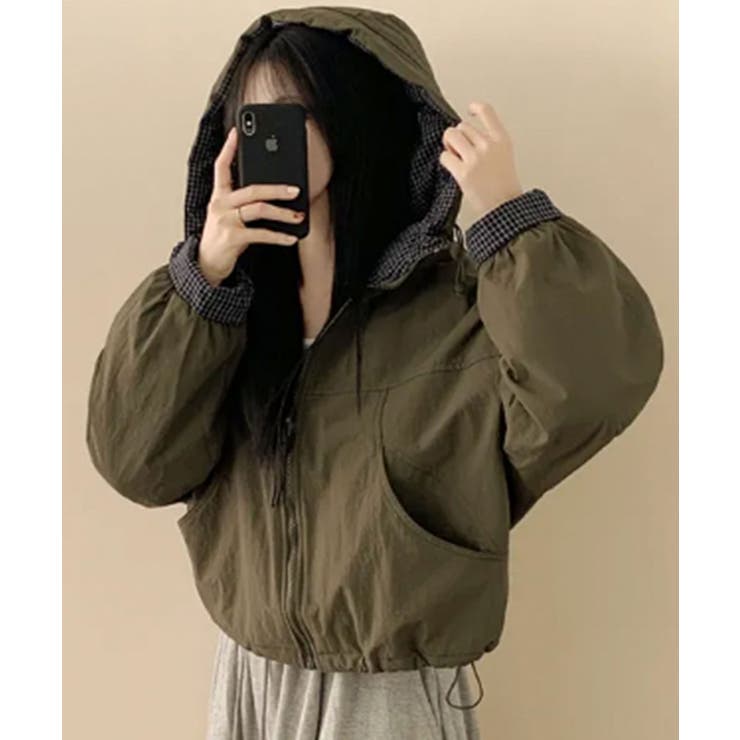 カーキ | チェック切替ファー裏地 フーディーブルゾン | VIVID LADY