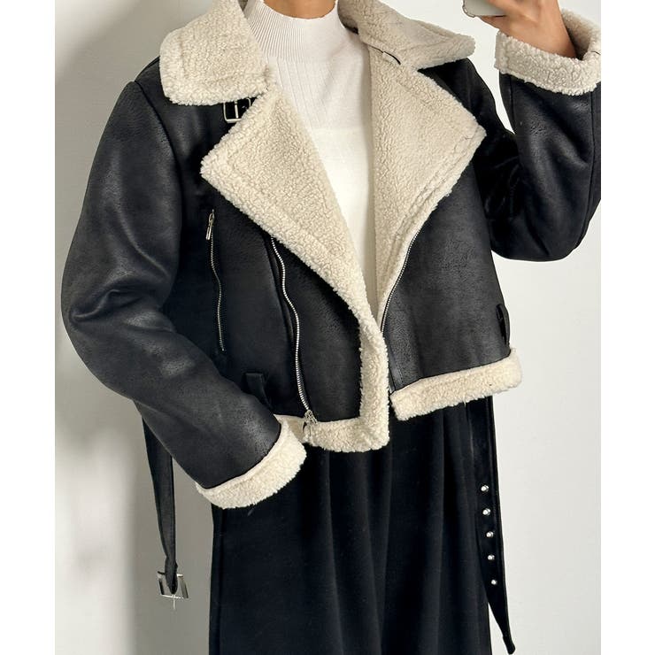 KAREN MILLEN レザー ムートン カフス ベルト付き マキシコート KAREN MILLEN レザー ムートン カフス ベルト付き マキシコート