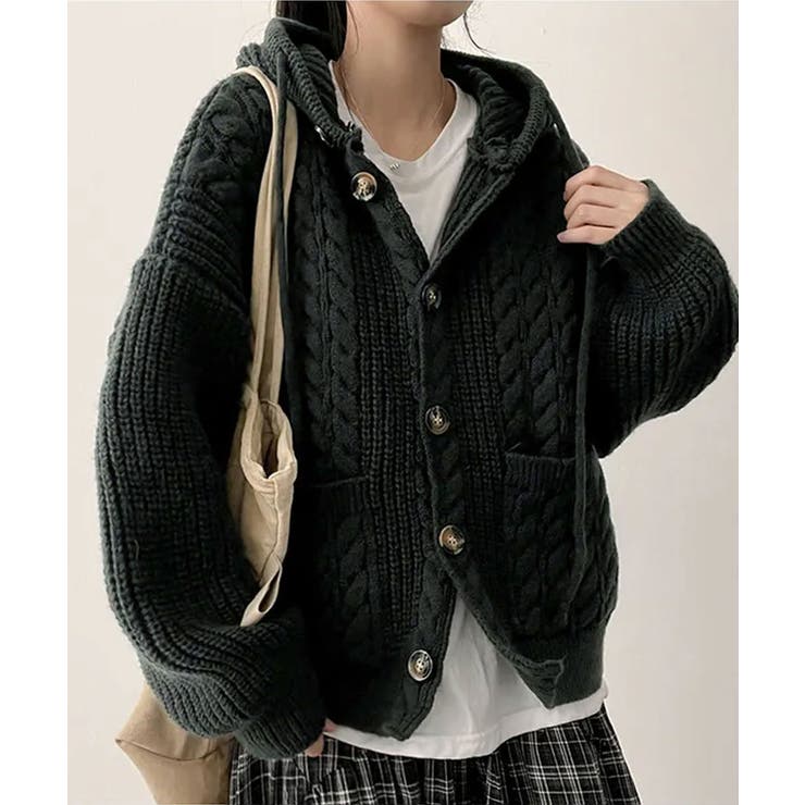 ブラック | ケーブル編みフード付きニットカーディガン | VIVID LADY