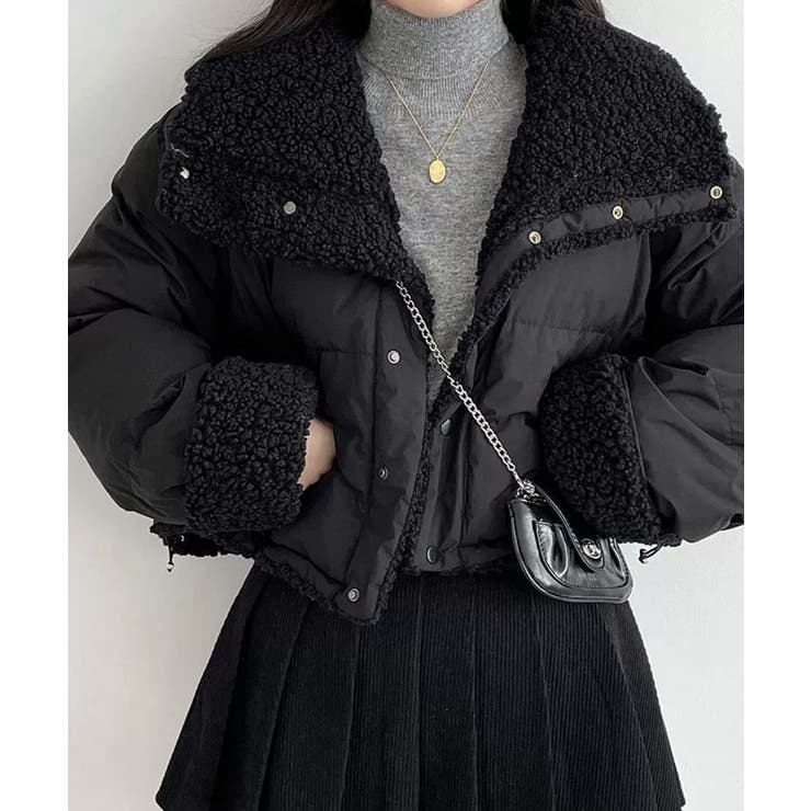 ブラック | リバーシブル ボア襟 ショート丈 中綿ジャケット | VIVID LADY