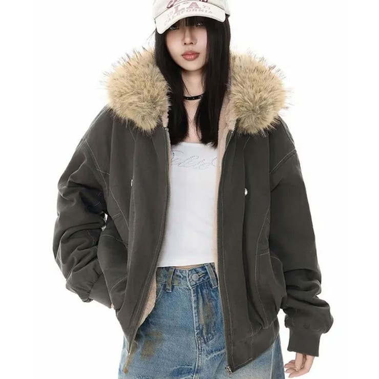 カーキ | 【裏ファー】ファーフード付き ブルゾンジャケット | VIVID LADY