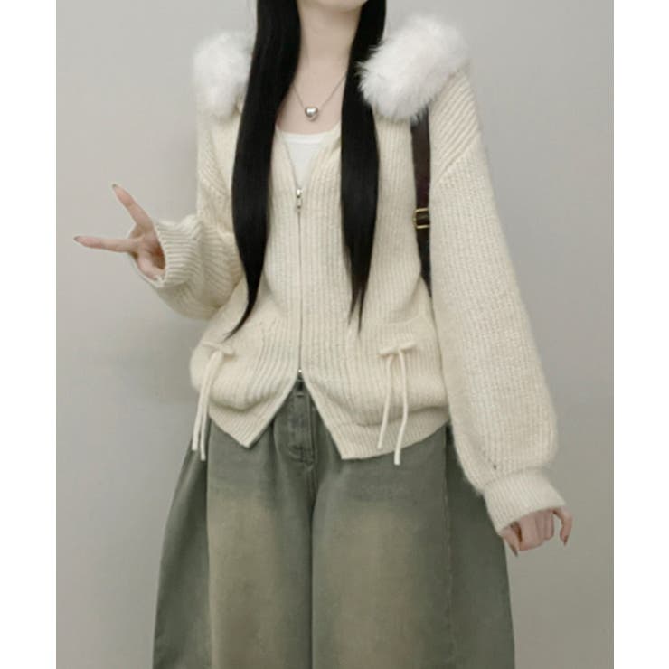 ファー付きフード ダブルジップニットカーディガン | VIVID LADY | 詳細画像4 