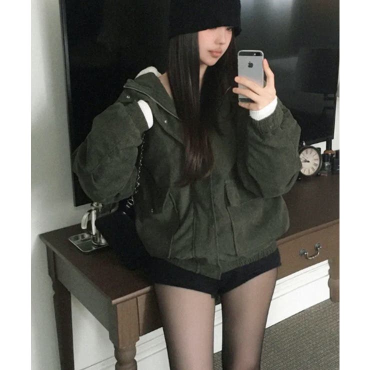 カーキ | コーデュロイ ボアライナー フーデッドブルゾン | VIVID LADY