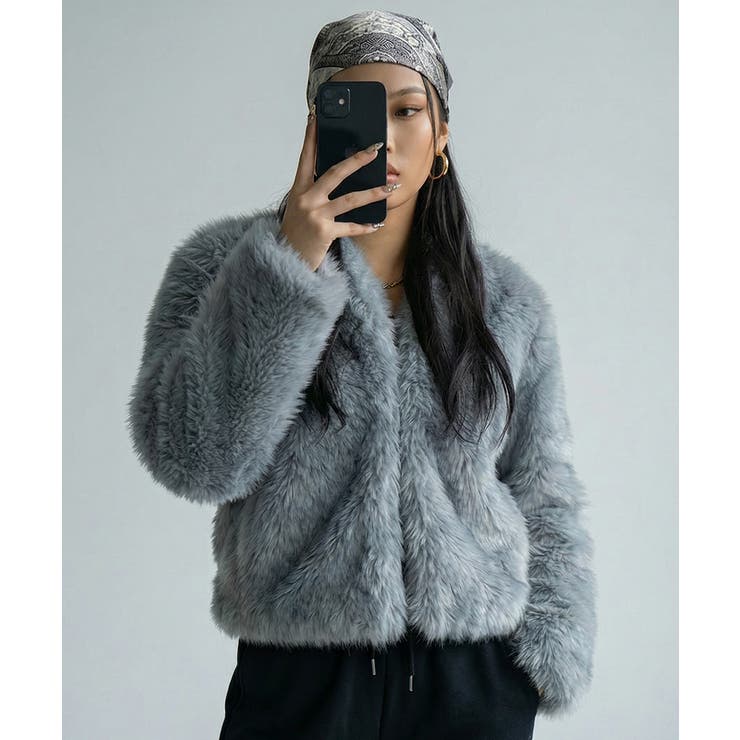 グレー | ノーカラー フェイクファージャケット | VIVID LADY