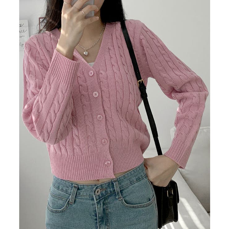 春ケーブルVネックニットカーディガン レディース 可愛い[品番