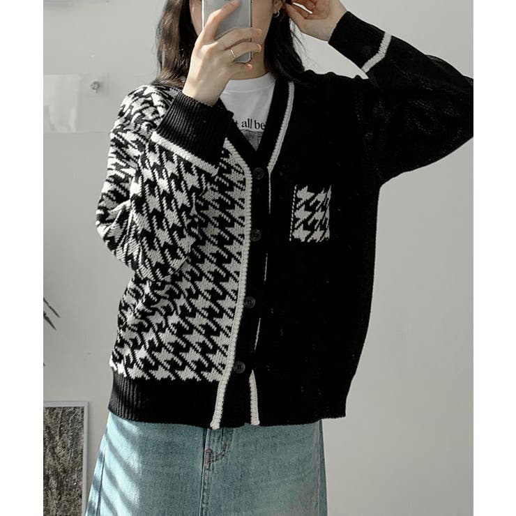 春千鳥柄ハーフバイカラーVネックニットカーディガン レディース 可愛い[品番：KH000014496]｜VIVID  LADY（ビビッドレディー）のレディースファッション通販｜SHOPLIST（ショップリスト）