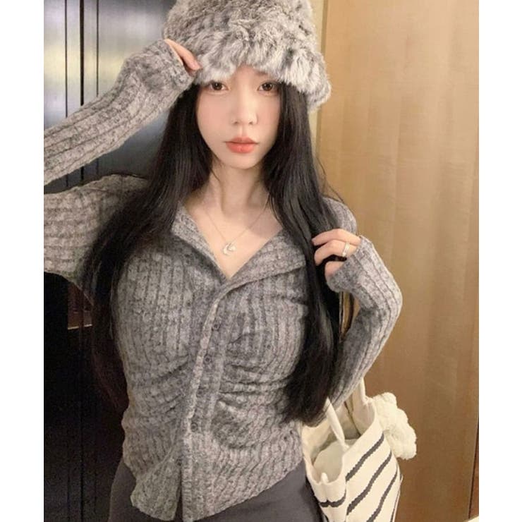 グレー | リブカーディガン シャーリングデザイン リブトップス | VIVID LADY