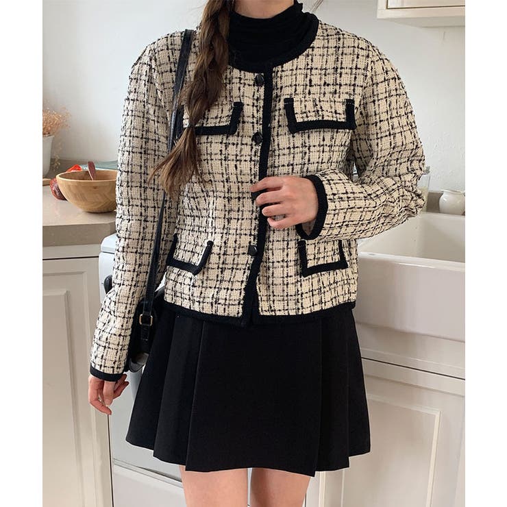 ツイードジャケット 韓国ファッション ラウンドジャケット[品番