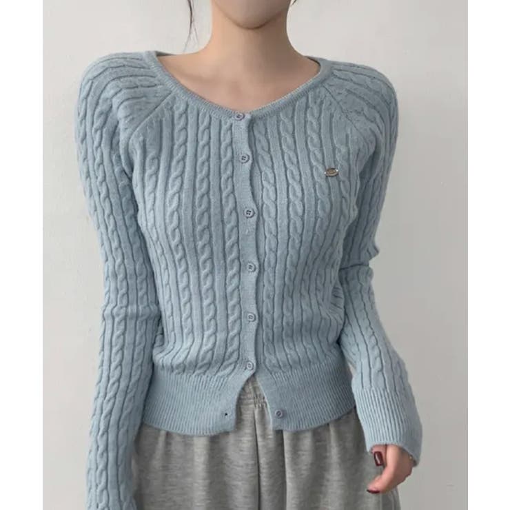 ライトブルー | ケーブル編み ショート丈 コンパクトニットカーディガン | VIVID LADY