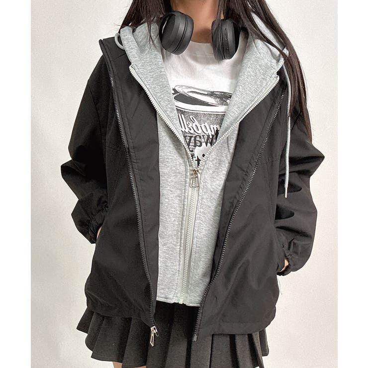 ブラック | パーカードッキング ジップアップブルゾン | VIVID LADY