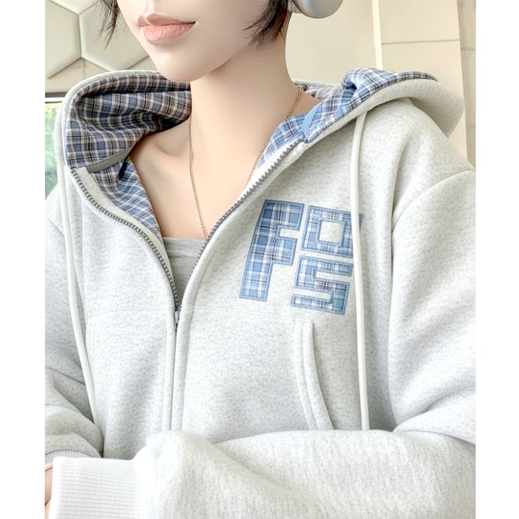 ライトグレー | チェック フードジップアップパーカー | VIVID LADY