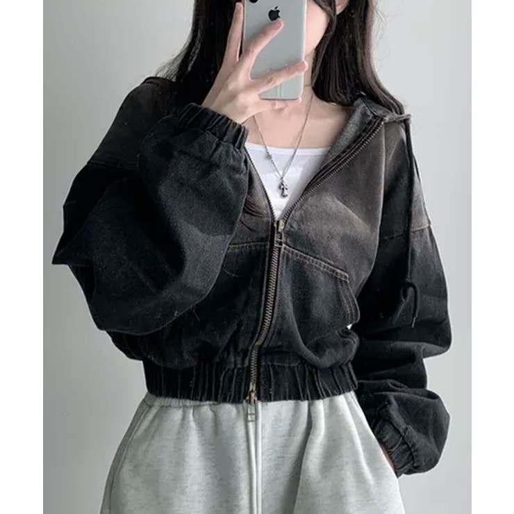 ブラック | ダブルジップ フードデニムジャケット | VIVID LADY
