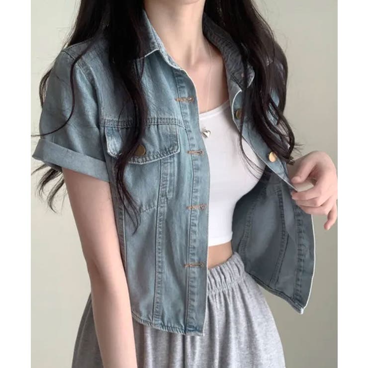 ライトブルー | ショート丈 ラウンドヘム デニムジャケット 半袖 | VIVID LADY
