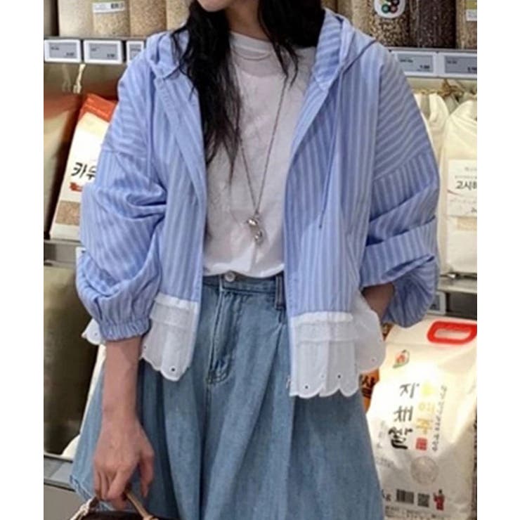 ブルー | レースヘム フーディー ライトアウター | VIVID LADY