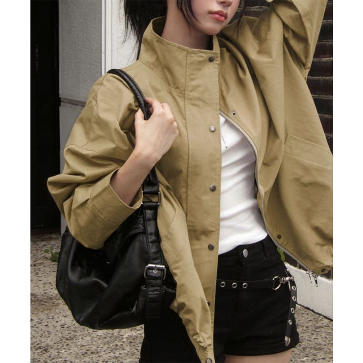カーキ | ハイネック配色オーバーブルゾン | VIVID LADY