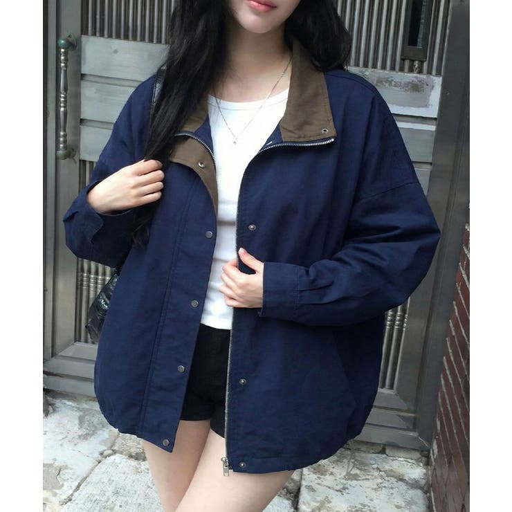 ネイビー | ハイネック配色オーバーブルゾン | VIVID LADY