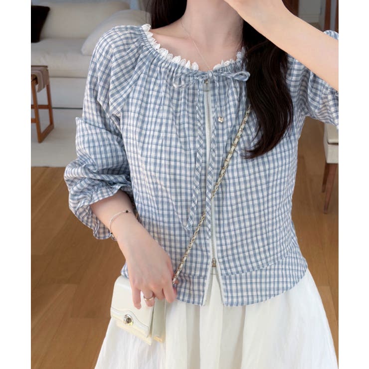 ライトブルー | レースネック チェック柄 Wジップ ライトアウター | VIVID LADY