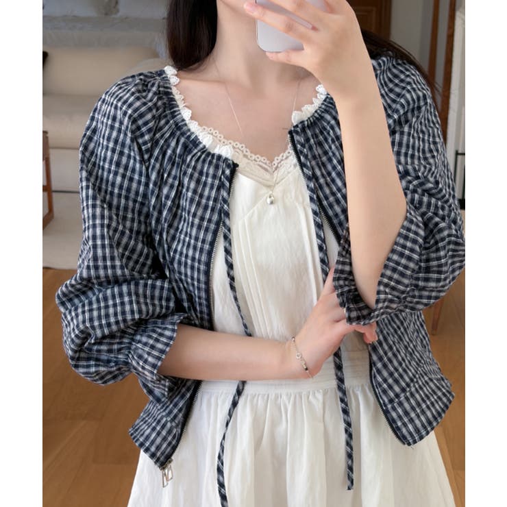 ネイビー | レースネック チェック柄 Wジップ ライトアウター | VIVID LADY