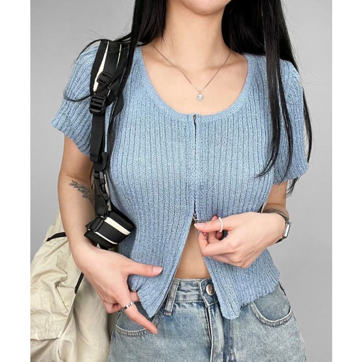 スカイブルー | ジッパー付き半袖ニットカーディガン レディース 可愛い | VIVID LADY