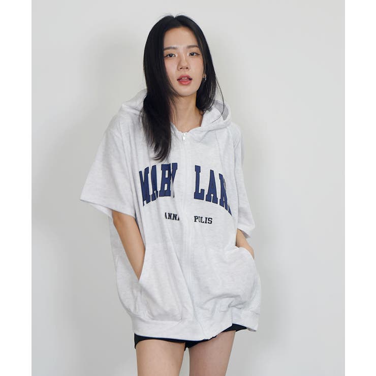 ロゴ入り半袖ジップアップパーカー レディース ブロークコア可愛い