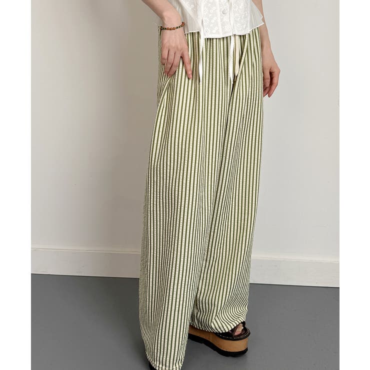 TOPSHOP★関送込マルチストライプワイドパンツ(白黄) センタープレスジョーゼットワイドパンツ【メール便可／100