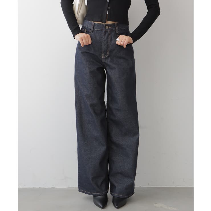 【もか】ウォッシュドデニムワイドパンツ short/basic/long] ヴィンテージウォッシュワイドデニムパンツ