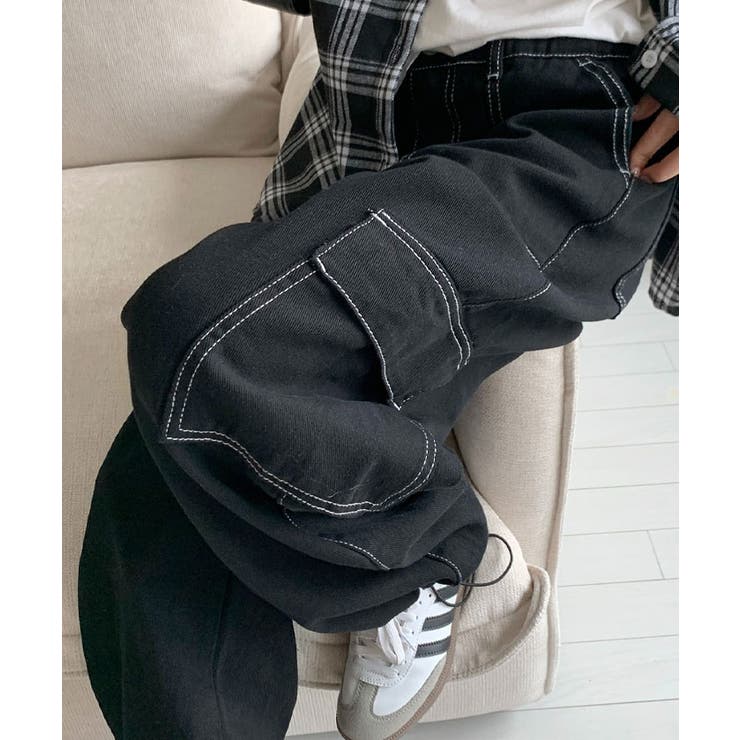 スティッチ入りデニムカーゴワイドパンツ レディース ドロー