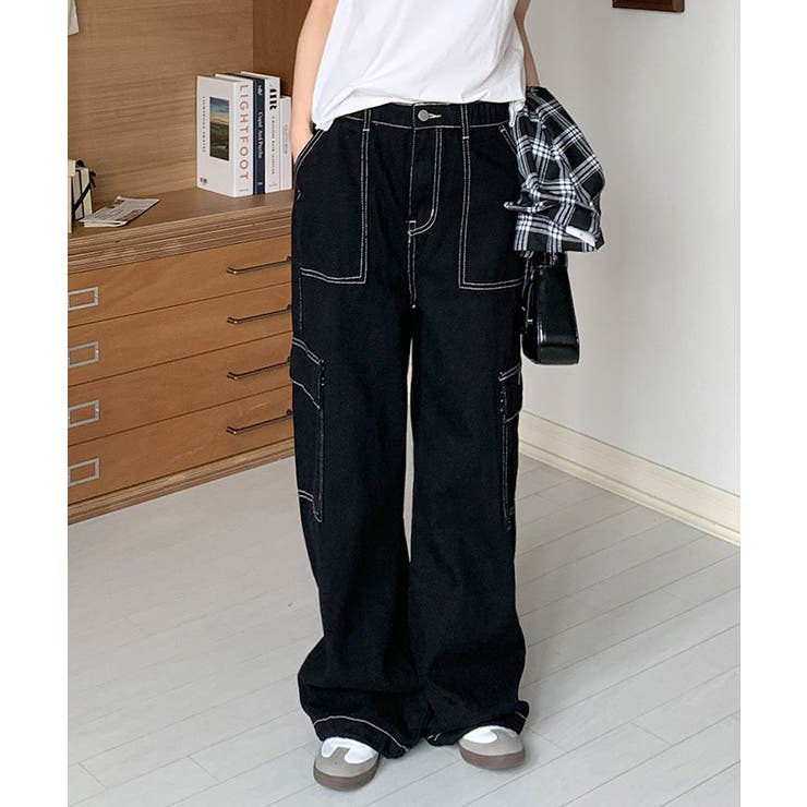 デニム生地ワイドパンツ✨春夏☀️ひざ下　お出かけにぴったりアイテム KOEISTORE デニムパンツ レディース 春 夏 春夏 黒 ワイドパンツ