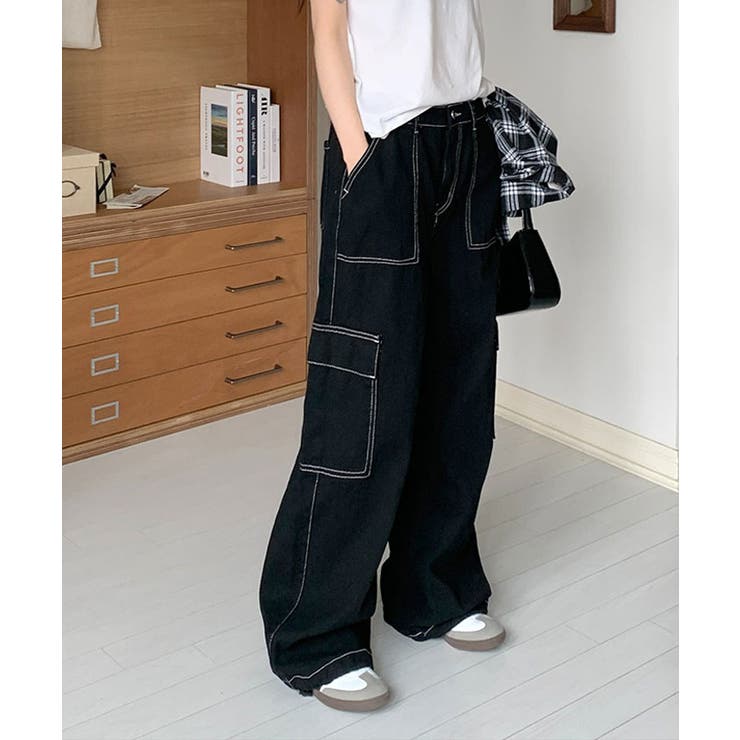スティッチ入りデニムカーゴワイドパンツ レディース ドロー