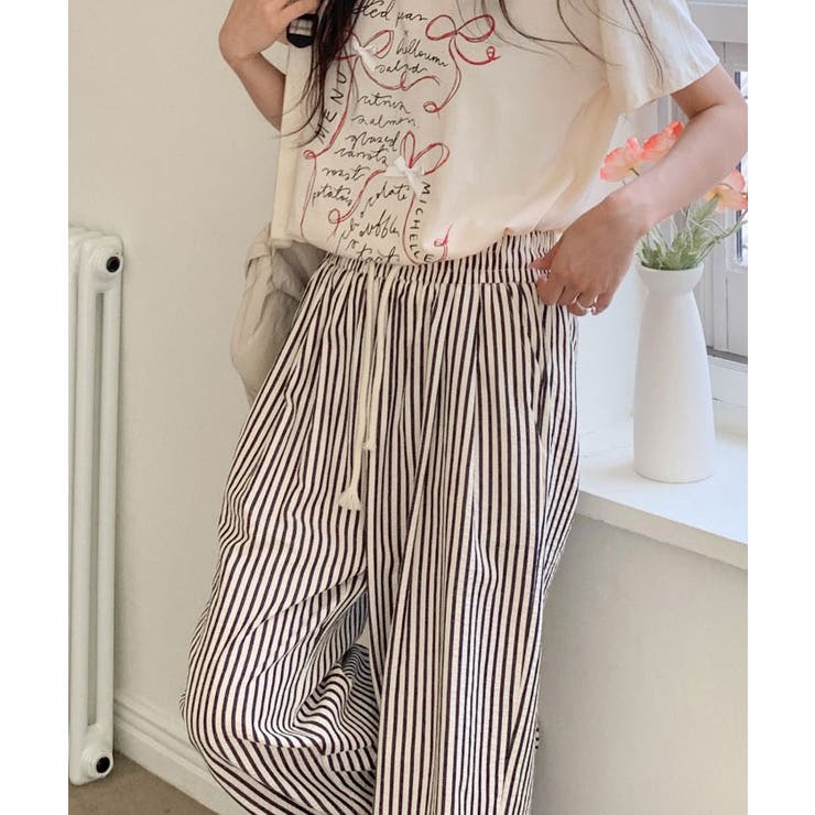ストライプ柄パンツ夏ワイドパンツ レディース ボトムス[品番