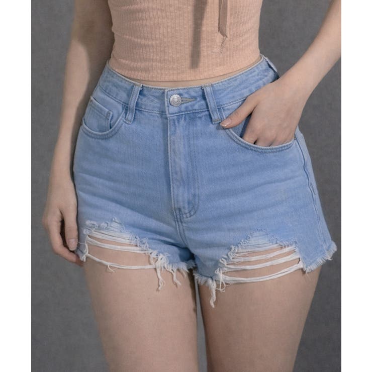 ブルー | ヴィンテージライク ダメージフリンジデニムショートパンツ | VIVID LADY