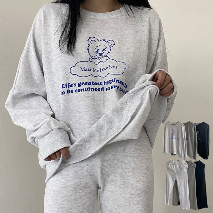 ロゴ入りスウェットトレーナー+パンツセット レディース ワイド