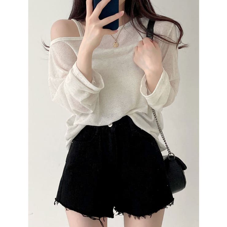 オートミール | リネン風ルーズフィットTシャツセット レディース オフショルダー長袖 | VIVID LADY