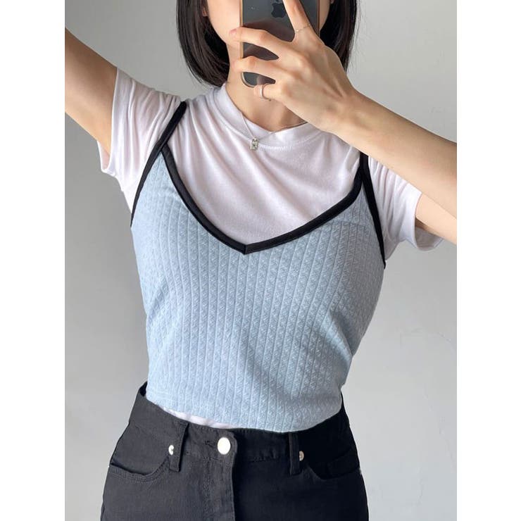 ショート丈Tシャツ+キャミソールセット レディース 配色キャミソール