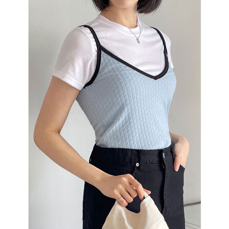 ショート丈Tシャツ+キャミソールセット レディース 配色キャミソール