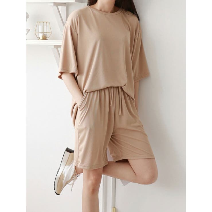 細リブ半袖Tシャツ+ショートパンツ セット レディース[品番 細リブ半袖Tシャツ+ショートパンツ セット レディース[品番