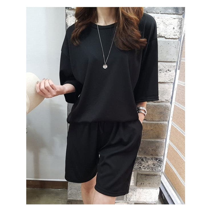 細リブ半袖Tシャツ+ショートパンツ セット レディース[品番