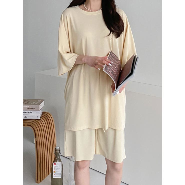 細リブ半袖Tシャツ+ショートパンツ セット レディース[品番 細リブ半袖Tシャツ+ショートパンツ セット レディース[品番