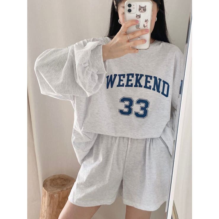 ロゴ入り長袖Tシャツ+ショートパンツセット レディース スウェット 