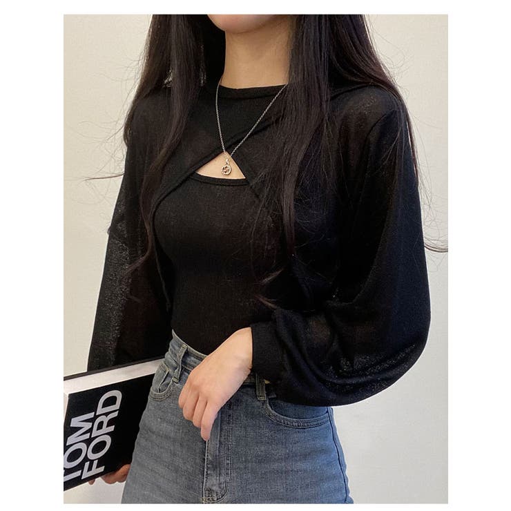 クロップド丈tシャツ+キャミソールset Y2K 長袖[品番：KH000012699