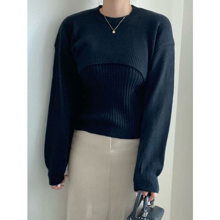 ブラック | クロップド丈ニット+ノースリーブニットSET Y2K ニットアンサンブル | VIVID LADY