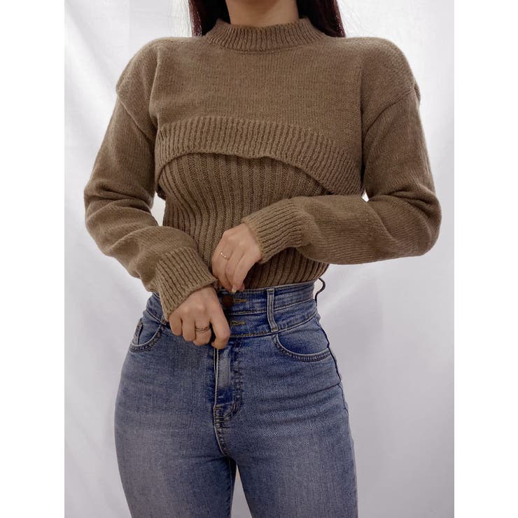 ブラウン | クロップド丈ニット+ノースリーブニットSET Y2K ニットアンサンブル | VIVID LADY