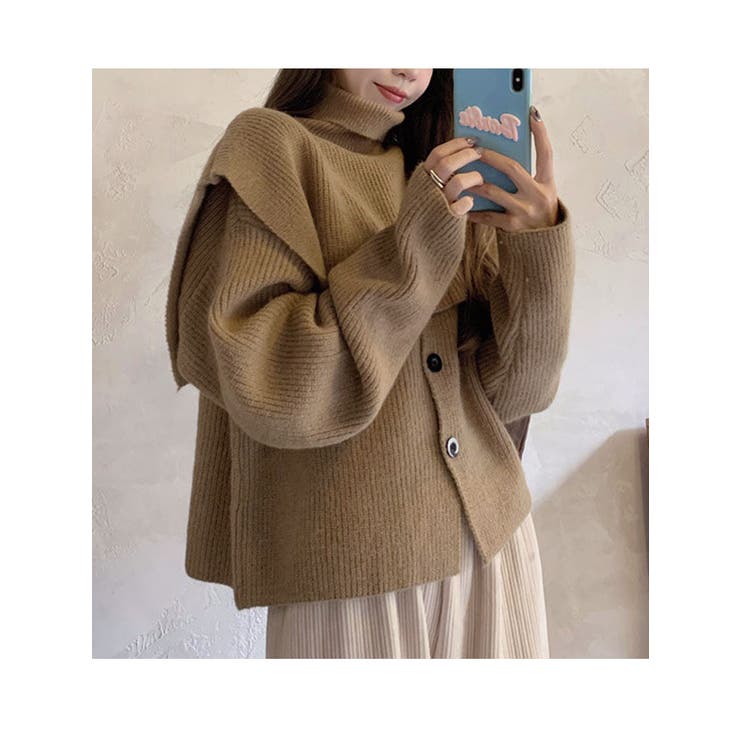 タートルネックニット+カーディガンセット 2wayトップスセット