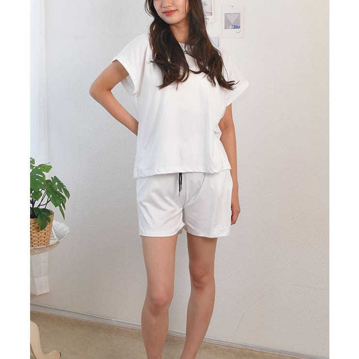 半袖トップスと白パンツセット 半袖tシャツ+パンツセット 無地 セットアップ[品番：KH000014081