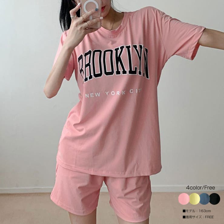 ピンク】半袖tシャツ+パンツセット ロゴ入り セットアップ[品番